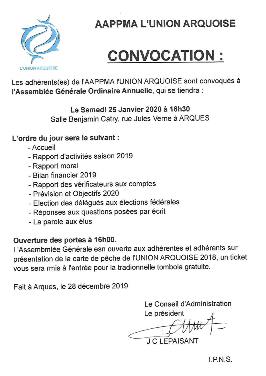 Invitation Assemblée Générale Ordinaire 2020 : | AAPPMA L'UNION ARQUOISE